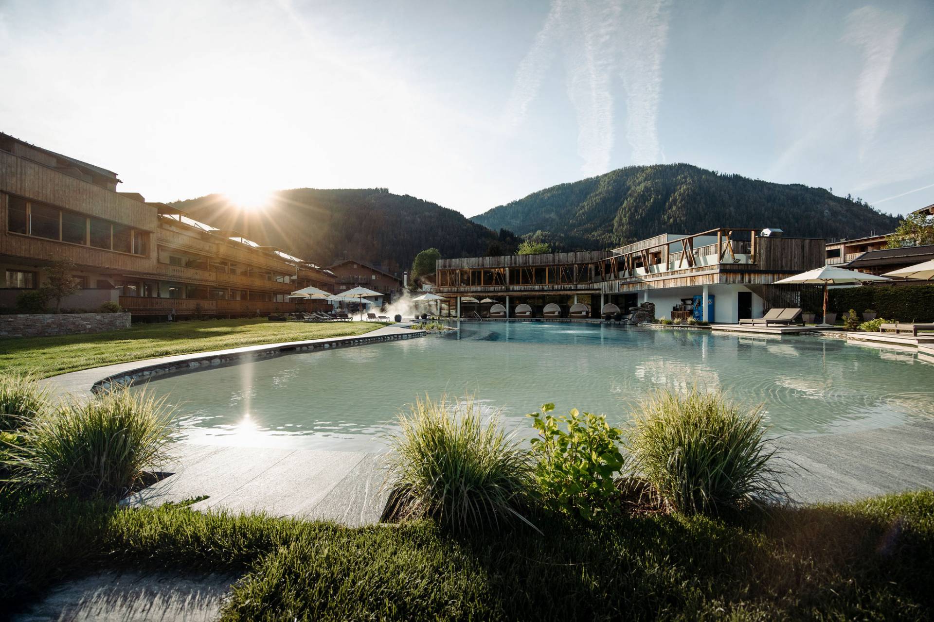 Schwimmteich mit Grünpflanzen im Sonnenschein im Ferienresort Central Flachau